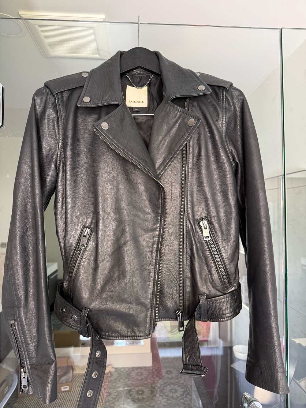 Diesel Black Leather Moto Jacket with Belt